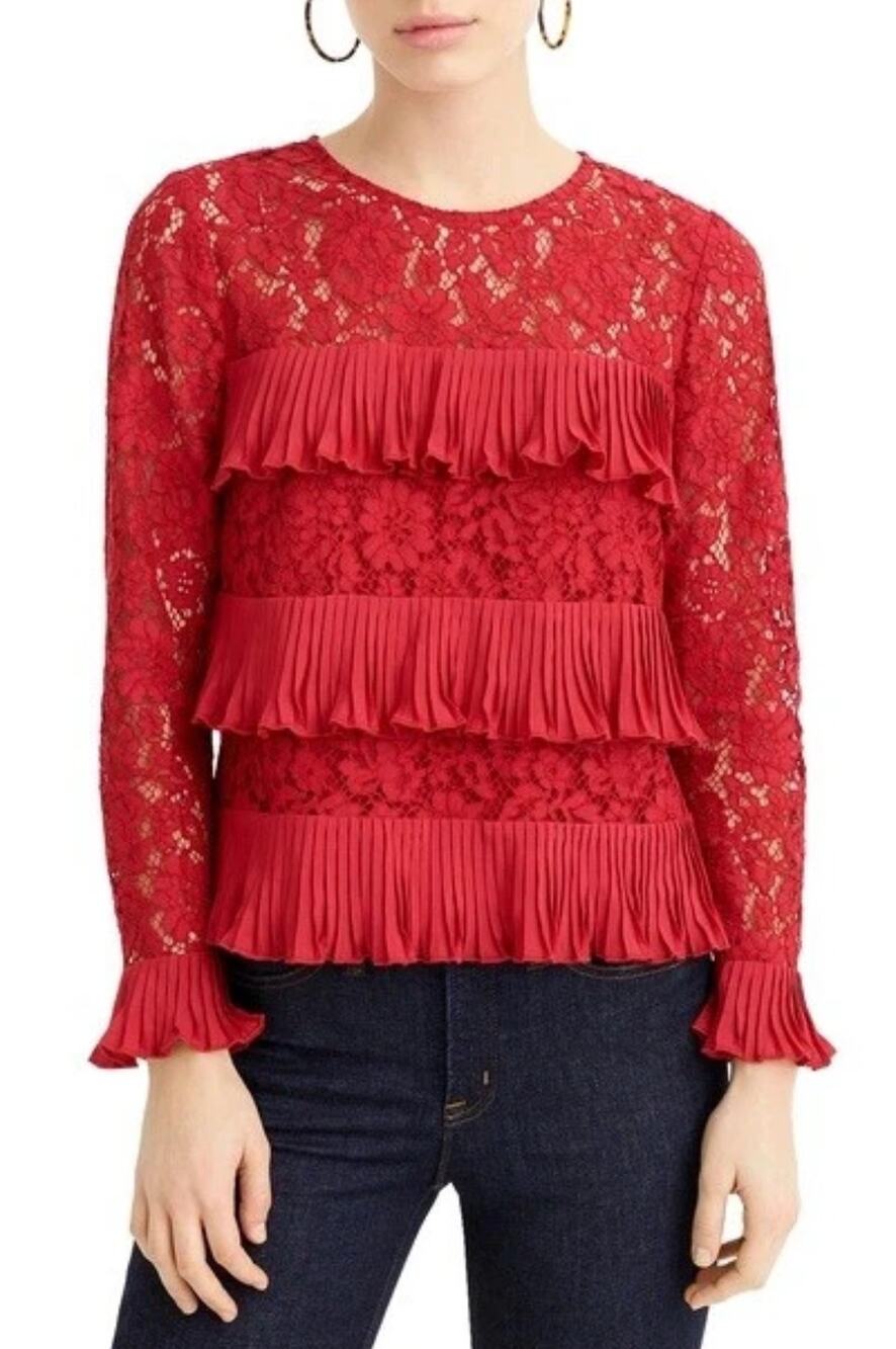 J. Crew Lace Blouse Top Pleated Floral Tiered Red Womens 10 Lovers Boho Romantic